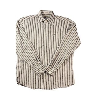 Vintage Faconnable Shirt Mens Medium Beige Blue Stripe Long Sleeve Hong Kong